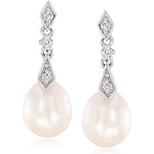 image:imageRossSimons 8mm Cultured Pearl and 10 ct tw Diamond Drop Earrings in 14kt White Gold