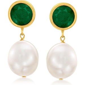 image:imageRossSimons 9510mm Cultured Pearl and 350 ct tw Emerald Drop Earrings in 14kt Yellow Gold