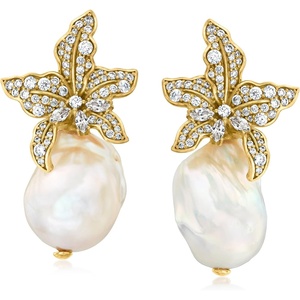 image:imageRossSimons Italian 1318mm Baroque Pearl and 180 ct tw CZ Flower Earrings in 18kt Gold Over Sterling