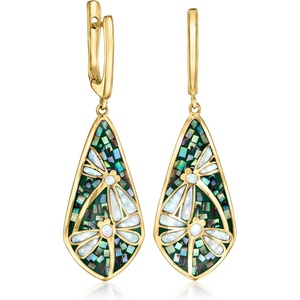 image:imageRossSimons MotherOfPearl and Abalone Shell Dragonfly Mosaic Drop Earrings in 18kt Gold Over Sterling