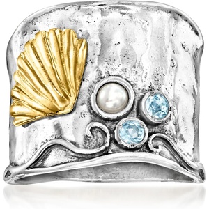 image:imageRossSimons 273mm Cultured Pearl and 10 ct tw Swiss Blue Topaz Seashell Ring in Sterling Silver and 18kt Gold Over Sterling