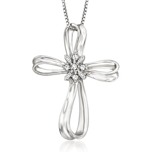 image:imageRossSimons 010 ct tw Diamond Ribboned Cross Pendant Necklace in Sterling SilverDiamond