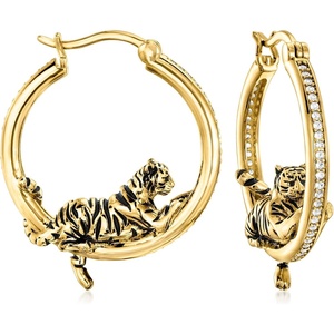 image:imageRossSimons 060 ct tw White Topaz and Black Enamel Tiger Hoop Earrings in 18kt Gold Over Sterling