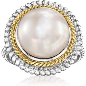image:imageRossSimons 12125mm Cultured Pearl RopedEdge Ring in Sterling Silver and 14kt Yellow Gold
