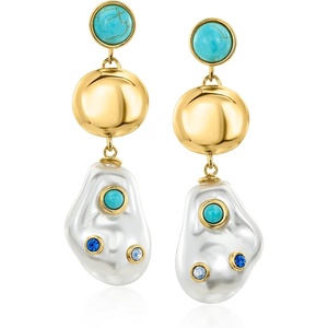 image:imageRossSimons 14kt Yellow GoldPlated Drop Earrings With 57mm Amazonites Simulated Baroque Pearls and Simulated Gemstones