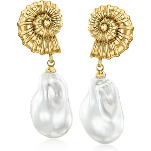 image:imageRossSimons 14kt Yellow GoldPlated Seashell Drop Earrings With Simulated Baroque Pearls