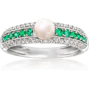 image:imageRossSimons 455mm Cultured Pearl 25 ct tw Diamond and 20 ct tw Emerald Ring in Sterling Silver Size 7