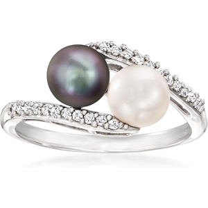 image:imageRossSimons 665mm Black and White Cultured Pearl and 13 ct tw Diamond Bypass Ring in Sterling Silver