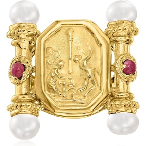image:imageRossSimons Italian Tagliamonte 555mm Cultured Pearl and 40 ct tw Ruby EtruscanStyle Ring in 18kt Gold Over Sterling