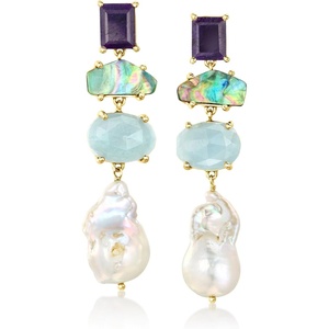 image:imageRossSimons 1213mm Cultured Pearl 1000 ct tw Aquamarine and 650 ct tw Sapphire Drop Earrings With Black Abalone Shell in 18kt Gold Over Sterling