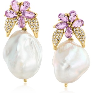 image:imageRossSimons 1215mm Cultured Baroque Pearl and 200 ct tw Amethyst Floral Drop Earrings With 30 ct tw White Topaz in 18kt Gold Over Sterling