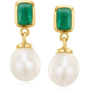 image:imageRossSimons 130 ct tw Emerald and 859mm Cultured Pearl Drop Earrings in 18kt Gold Over Sterling