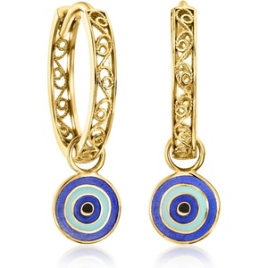 image:imageRossSimons 18kt Gold Over Sterling Filigree Huggie Hoop Earrings With Removable Multicolored Enamel Evil Eye Charms