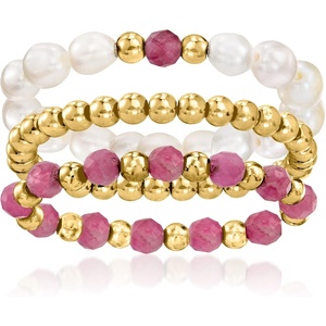image:imageRossSimons 34mm Cultured Pearl and 335mm Pink Tourmaline Bead Jewelry Set 3 Stretch Rings With 10kt Yellow Gold