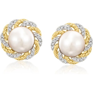 image:imageRossSimons 775mm Cultured Pearl and 11 ct tw Diamond Earrings in 18kt Gold Over Sterling