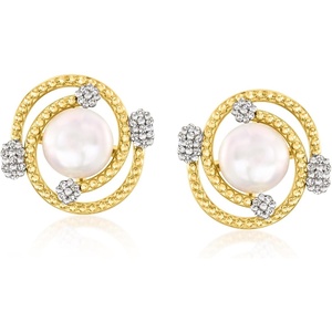 image:imageRossSimons 775mm Cultured Pearl and 14 ct tw Diamond Swirl Earrings in 18kt Gold Over Sterling