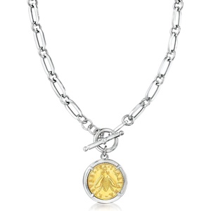image:imageRossSimons Italian Sterling Silver and 18kt Gold Over Sterling DoubleSided Replica Lira Coin Paper Clip Link Toggle NecklaceNo Gemstone
