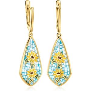 image:imageRossSimons MotherOfPearl and Multicolored Enamel Sunflower Mosaic Drop Earrings in 18kt Gold Over Sterling