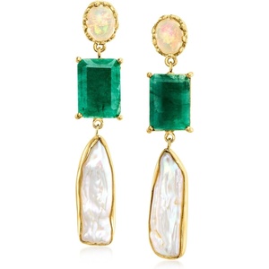 image:imageRossSimons Opal 8x26mm Cultured Baroque Pearl and 1700 ct tw Emerald Drop Earrings in 18kt Gold Over Sterling