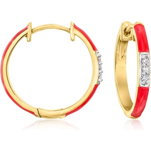 image:imageRossSimons Red Enamel and Diamond Hoop Earrings in 18kt Gold Over Sterling