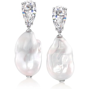image:imageRossSimons RhodiumPlated Drop Earrings With 400 ct tw Czs and 1314mm Cultured Baroque Pearls