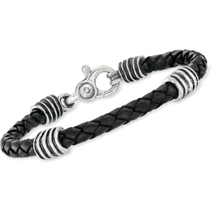 image:imageZina Sterling Silver Mens Braided Black Leather Bracelet 85 inches