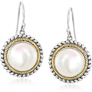 image:imageRossSimons 10511mm Cultured Pearl RopedEdge Drop Earrings in Sterling Silver and 14kt Yellow Gold