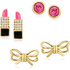 image:imageRossSimons 140 ct tw Pink and White Topaz Jewelry Set With Multicolored Enamel 3 Pairs Of Accessory Earrings in 18kt Gold Over Sterling