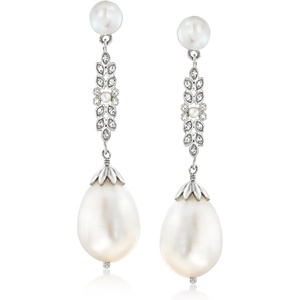 image:imageRossSimons 1511mm Cultured Pearl and 11 ct tw Diamond Drop Earrings in Sterling Silver