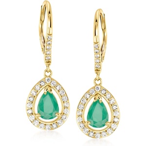image:imageRossSimons 160 ct tw Emerald and 50 ct tw Diamond Drop Earrings in 14kt Yellow Gold