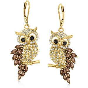 image:imageRossSimons 210 ct tw Smoky Quartz 100 ct tw White Zircon and 20 ct tw Black Spinel Owl Drop Earrings in 18kt Gold Over Sterling