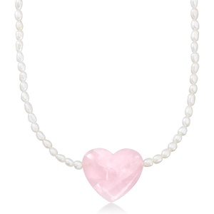 image:imageRossSimons 445mm Cultured Pearl and 5500 Carat Rose Quartz Heart Necklace With 18kt Gold Over Sterling18 Inches