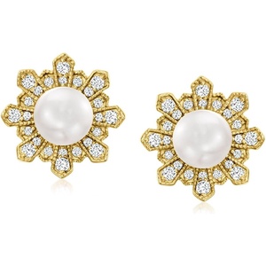 image:imageRossSimons 556mm Cultured Pearl and 35 ct tw Diamond Earrings in 18kt Gold Over Sterling