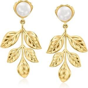 image:imageRossSimons 775mm Cultured Pearl Leaf Drop Earrings in 18kt Gold Over Sterling