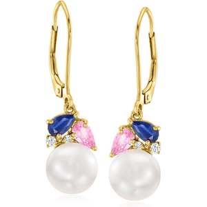 image:imageRossSimons 775mm Cultured Pearl and 60 ct tw Multicolored Sapphire Drop Earrings With Diamonds in 18kt Gold Over Sterling