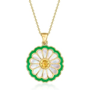 image:imageRossSimons MotherOf Pearl and 50 Carat Citrine Flower Pendant Necklace With Green Enamel in 18kt Gold Over Sterling 18 inches