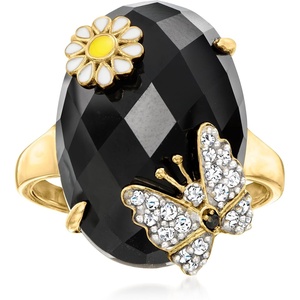 image:imageRossSimons Onyx and 20 ct tw White Zircon Butterfly and Flower Ring With Single Black Spinel in 18kt Gold Over SterlingOnyx