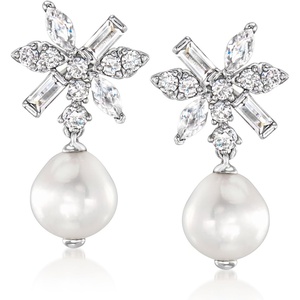 image:imageRossSimons RhodiumPlated Drop Earrings With 160 ct tw Czs and 995mm Cultured Baroque Pearls