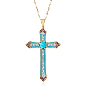 image:imageRossSimons Turquoise 30 ct tw Amethyst and 30 ct tw White Topaz Cross Pendant Necklace With Enamel in 18kt Gold Over SterlingAmethyst