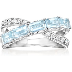 image:imageRossSimons 100 ct tw Aquamarine and 32 ct tw LabGrown Diamond Crisscross Ring in Sterling SilverAquamarine