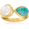 image:imageRossSimons 758mm Cultured Pearl and Turquoise Toi Et Moi Ring in 18kt Gold Over Sterling