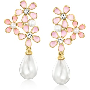 image:imageRossSimons 14kt Yellow GoldPlated and Pink Enamel Flower Earrings With Simulated Gemstones and Pearls