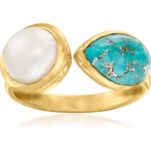 image:imageRossSimons 758mm Cultured Pearl and Turquoise Toi Et Moi Ring in 18kt Gold Over Sterling