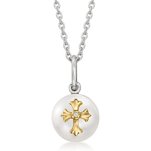 image:imageRossSimons 859mm Cultured Pearl Cross Pendant Necklace With Single Diamond in 14kt Yellow Gold and Sterling Silver 18 inches
