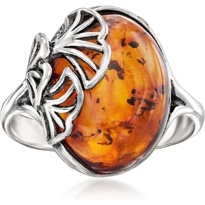 image:imageRossSimons Amber Ginkgo Leaf Ring in Sterling SilverAmber