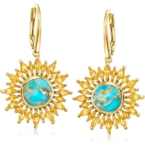 image:imageRossSimons Turquoise and 250 ct tw Citrine Sunflower Drop Earrings in 18kt Gold Over Sterling