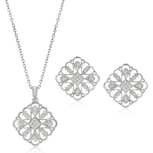 image:imageRossSimons 025 ct tw Diamond Jewelry Set Geometric Floral Pendant Necklace and Earrings in Sterling SilverDiamond
