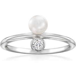image:imageRossSimons 455mm Cultured Pearl Ring With Single CZ in Sterling Silver