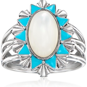 image:imageRossSimons MotherOfPearl Ring With Blue Enamel in Sterling Silvermother of pearl