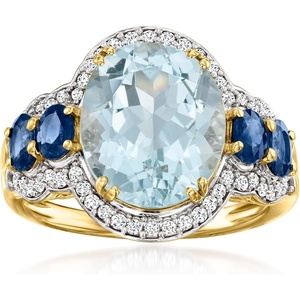 image:imageRossSimons 490 Carat Aquamarine and 110 ct tw Sapphire Ring With 28 ct tw Diamonds in 14kt Yellow GoldAquamarine
